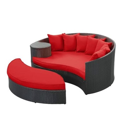 Modway Taiji Outdoor Wicker Patio Daybed with Ottoman in Espresso with Red Cushions