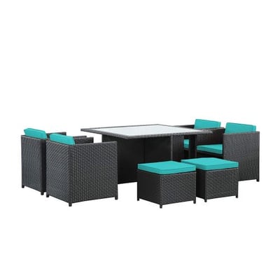 Modway 9 Piece Inverse Outdoor Patio Dining Set, Espresso Turquoise