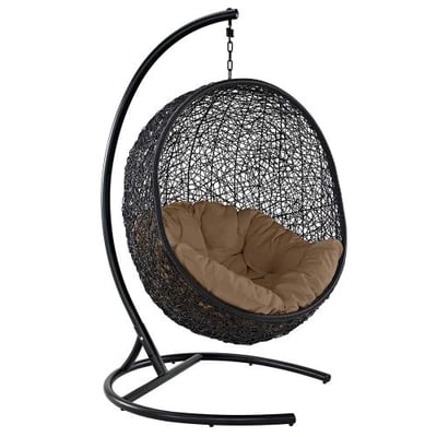 Modway EEI-739-MOC-SET Encase Wicker Rattan Outdoor Patio Balcony Porch Lounge Egg Swing Chair Set with Stand Mocha