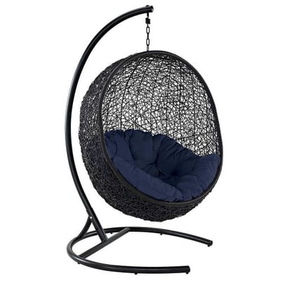 Modway EEI-739-NAV-SET Encase Wicker Rattan Outdoor Patio Balcony Porch Lounge Egg Swing Chair Set with Stand Navy