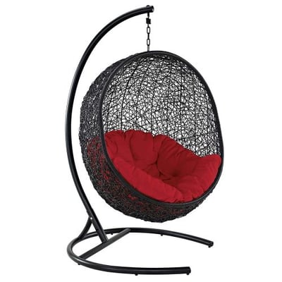 Modway EEI-739-RED-SET Encase Wicker Rattan Outdoor Patio Balcony Porch Lounge Egg Swing Chair Set with Stand Red