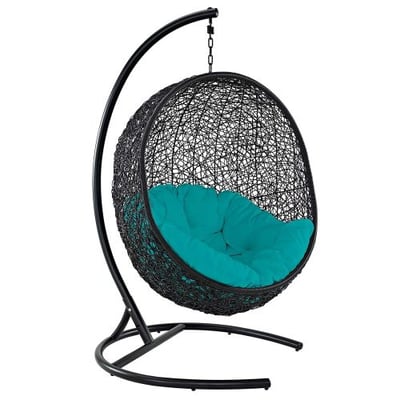 Modway EEI-739-TRQ-SET Encase Wicker Rattan Outdoor Patio Balcony Porch Lounge Egg Swing Chair Set with Stand Turquoise