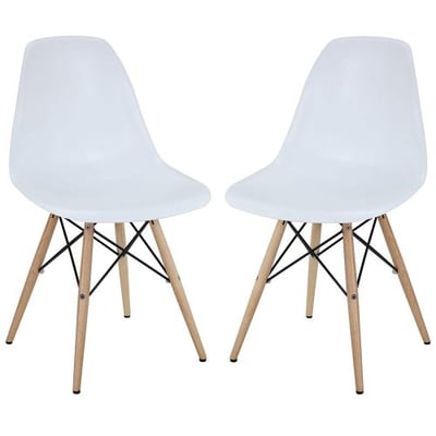 Modway Two Plastic Side Chairs in White with Wooden Base