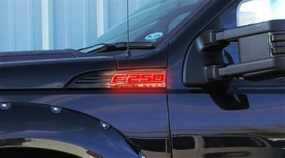 Ford F250 Illuminated Emblems 2-Piece Kit Includes Driver & Passenger Side Fender Emblems in Black Case - F250 in Red Illumination F250RDBK