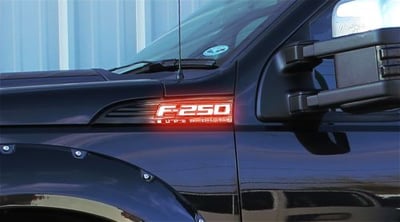 Ford F250 Super Duty Illuminated Emblems 2-Piece Kit Includes Driver & Passenger Side Fender Emblems in Black Case - F250 in White Illumination