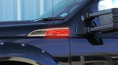 Ford F250 Illuminated Emblems 2-Piece Kit Includes Driver & Passenger Side Fender Emblems in Chrome - F250 in Red Illumination F250RD