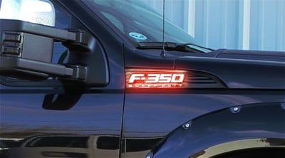 Ford F350 Illuminated Emblems 2-Piece Kit Includes Driver & Passenger Side Fender Emblems in Black Case - F350 in White Illumination