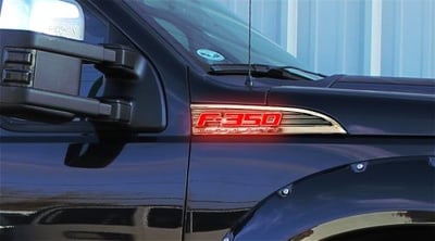 Ford F350 Illuminated Emblems 2-Piece Kit Includes Driver & Passenger Side Fender Emblems in Chrome - F350 in Red Illumination