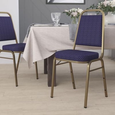 HERCULES Series Trapezoidal Back Stacking Banquet Chair in Navy Patterned Fabric - Gold Frame