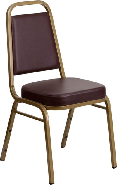 HERCULES Series Trapezoidal Back Stacking Banquet Chair in Brown Vinyl - Gold Frame