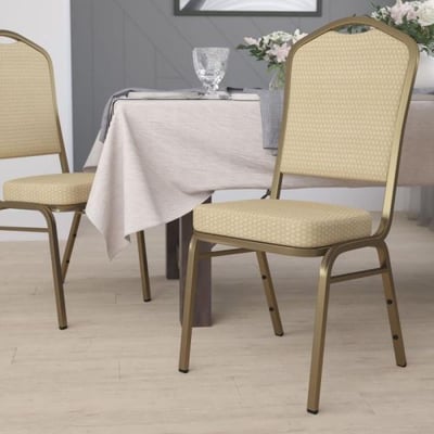 HERCULES Series Crown Back Stacking Banquet Chair in Beige Patterned Fabric - Gold Frame