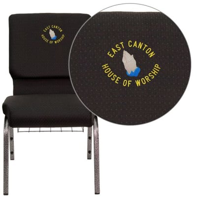 Embroidered HERCULES Series 18.5''W Church Chair in Black Patterned Fabric with Cup Book Rack - Silver Vein Frame