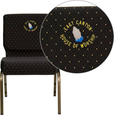 Embroidered HERCULES Series 21''W Stacking Church Chair in Black Dot Patterned Fabric - Gold Vein Frame