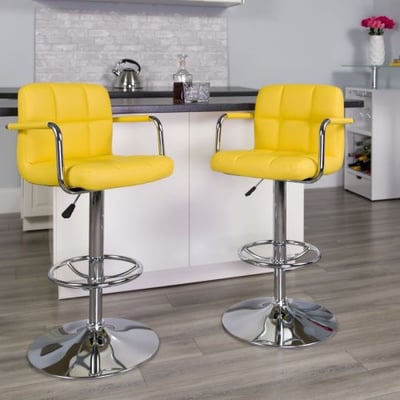 Contemporary Quilted Vinyl Adjustable Height Barstool with Arms and Chrome Base (Yellow)