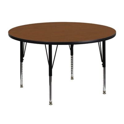 48'' Round Oak HP Laminate Activity Table - Height Adjustable Short Legs