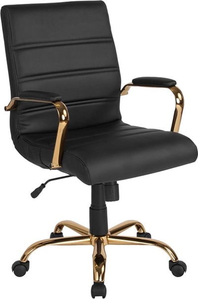 Mid-Back Black LeatherSoft Executive Swivel Office Chair with Gold Frame and Arms