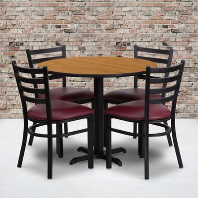 36'' Round Natural Laminate Table Set with X-Base and 4 Ladder Back Metal Chairs - Burgundy Vinyl Seat