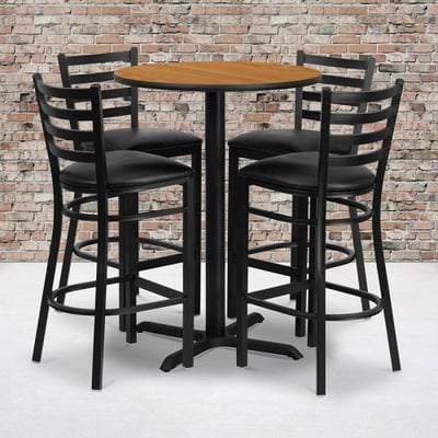 30'' Round Natural Laminate Table Set with X-Base and 4 Ladder Back Metal Barstools - Black Vinyl Seat