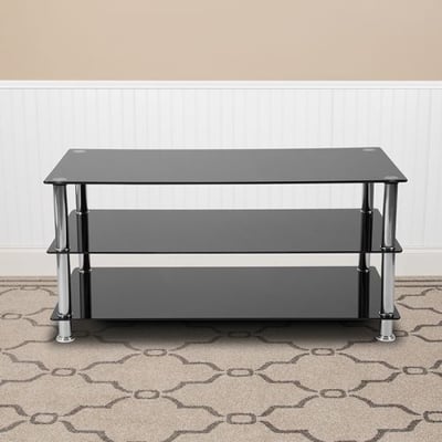 Riverside Collection Black Glass TV Stand with Stainless Steel Frame
