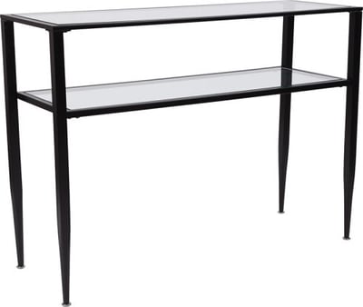 Newport Collection Glass Console Table with Shelves and Black Metal Frame
