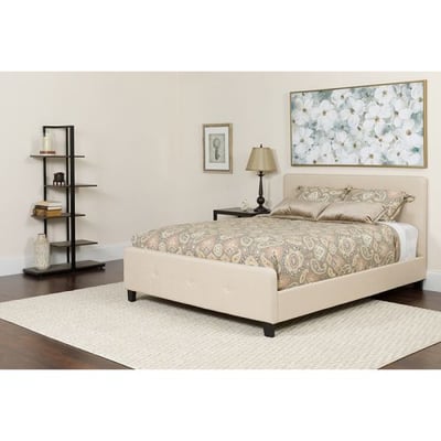 Tribeca Twin Size Tufted Upholstered Platform Bed in Beige Fabric