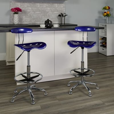 Vibrant Deep Blue and Chrome Drafting Stool with Tractor Seat