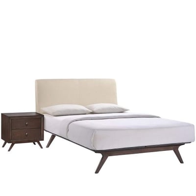 Modway Tracy Mid-Century Modern Wood Platform Queen Size Bed with a Nightstand in Cappuccino Beige