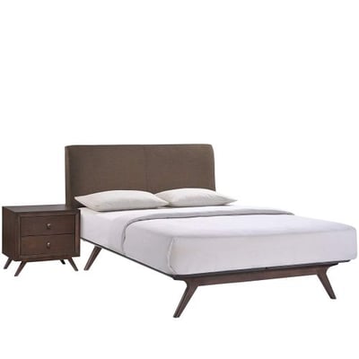 Modway Tracy Mid-Century Modern Wood Platform Queen Size Bed with a Nightstand in Cappuccino Brown