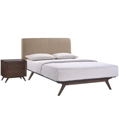 Modway Tracy Mid-Century Modern Wood Platform Queen Size Bed with a Nightstand in Cappuccino Latte