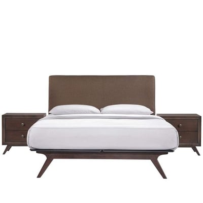 Modway Tracy Mid-Century Modern Wood Platform Queen Size Bed with Two Nightstands in Cappuccino Brown