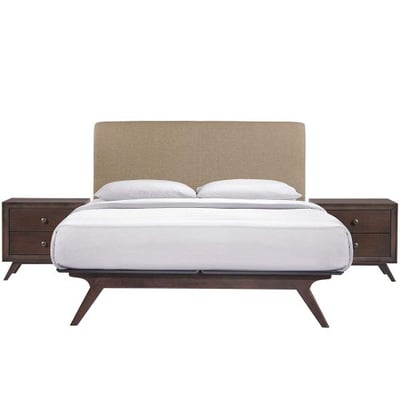 Modway Tracy Mid-Century Modern Wood Platform Queen Size Bed with Two Nightstands in Cappuccino Latte
