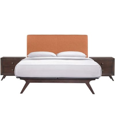 Modway Tracy Mid-Century Modern Wood Platform Queen Size Bed with Two Nightstands in Cappuccino Orange