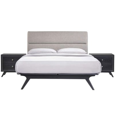 Modway Addison Mid-Century Modern Platform Queen Size Bed and Two Nightstands in Black Gray - 3-Piece Set