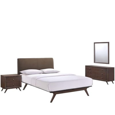 Modway Tracy Mid-Century Modern Wood Platform Queen Size Bed with a Nightstand, Mirror and Dresser in Cappuccino Brown