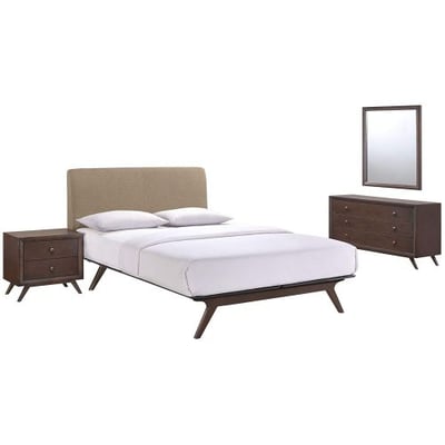 Modway Tracy Mid-Century Modern Wood Platform Queen Size Bed with a Nightstand, Mirror and Dresser in Cappuccino Latte