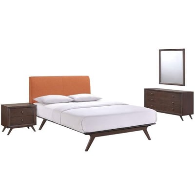 Modway Tracy Mid-Century Modern Wood Platform Queen Size Bed with a Nightstand, Mirror and Dresser in Cappuccino Orange