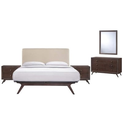 Modway Tracy Mid-Century Modern Wood Platform Queen Size Bed with Two Nightstands a Mirror and Dresser in Cappuccino Beige