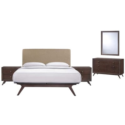 Modway Tracy Mid-Century Modern Wood Platform Queen Size Bed with Two Nightstands a Mirror and Dresser in Cappuccino Latte