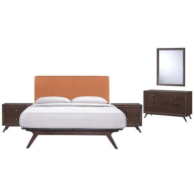Modway Tracy Mid-Century Modern Wood Platform Queen Size Bed with Two Nightstands a Mirror and Dresser in Cappuccino Orange