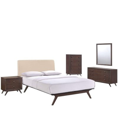 Modway Tracy Mid-Century Modern Wood Platform Queen Size Bed with a Nightstand, Mirror, Chest and Dresser in Cappuccino Beige