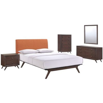 Modway Tracy Mid-Century Modern Wood Platform Queen Size Bed with a Nightstand, Mirror, Chest and Dresser in Cappuccino Orange