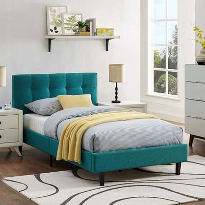Modway MOD-5422-TEA Linnea Upholstered Platform Bed with Wood Slat Support in Twin, Teal