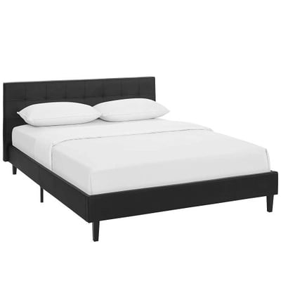 Modway Linnea Upholstered Black Faux Leather Platform Bed with Wood Slat Support in Full