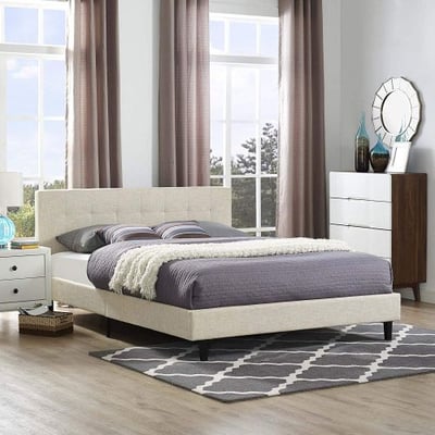 Modway MOD-5424-BEI Linnea Upholstered Platform Bed with Wood Slat Support in Full, Beige