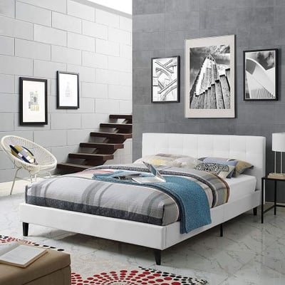 Modway Linnea Upholstered White Faux Leather Platform Bed with Wood Slat Support in Queen
