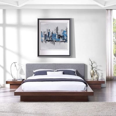 Modway Freja Upholstered Cappuccino Beige Modern Platform Bed with Wood Slat Support and Two Nightstands in Queen