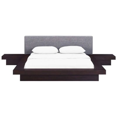 Modway Freja Upholstered Cappuccino Gray Modern Platform Bed with Wood Slat Support and Two Nightstands in Queen