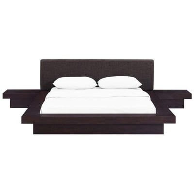 Modway Freja Upholstered Cappuccino Latte Modern Platform Bed with Wood Slat Support and Two Nightstands in Queen