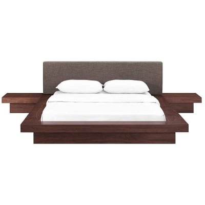 Modway Freja Upholstered Walnut Brown Modern Platform Bed with Wood Slat Support and Two Nightstands in Queen