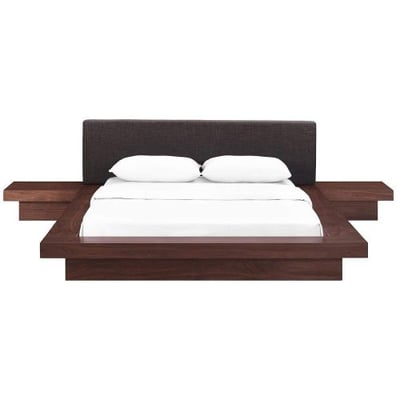 Modway Freja Upholstered Walnut Latte Modern Platform Bed with Wood Slat Support and Two Nightstands in Queen